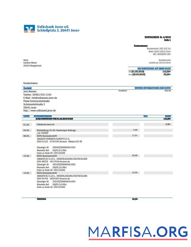 Downloadable Germany Volksbank Jeverbank statement word example